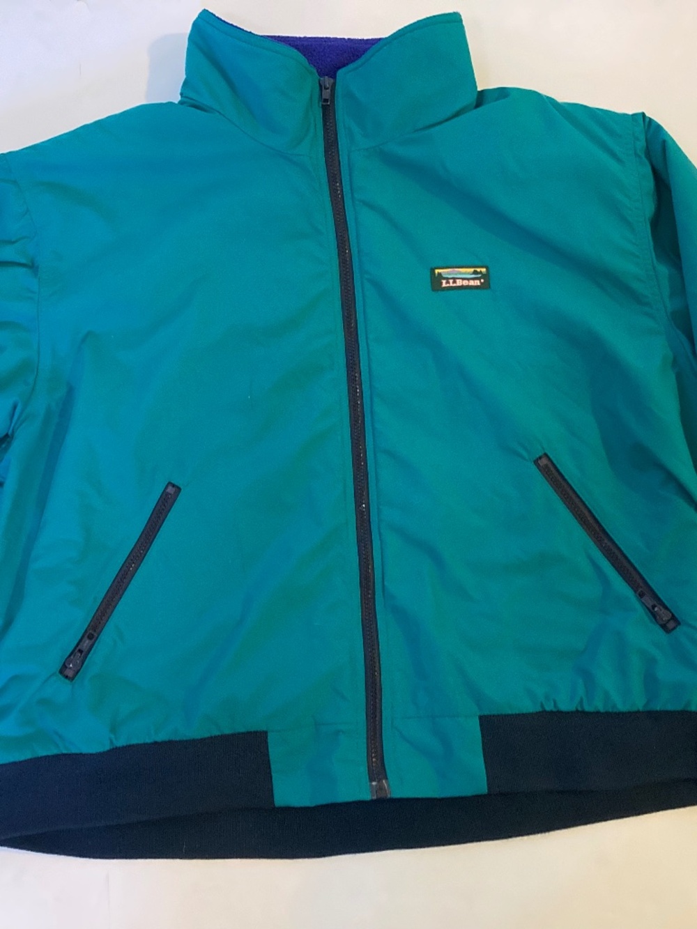 Vintage 90s L. L. Bean Warm-Up Jacket Teal Blue Fleece-Lined Made in USA Large